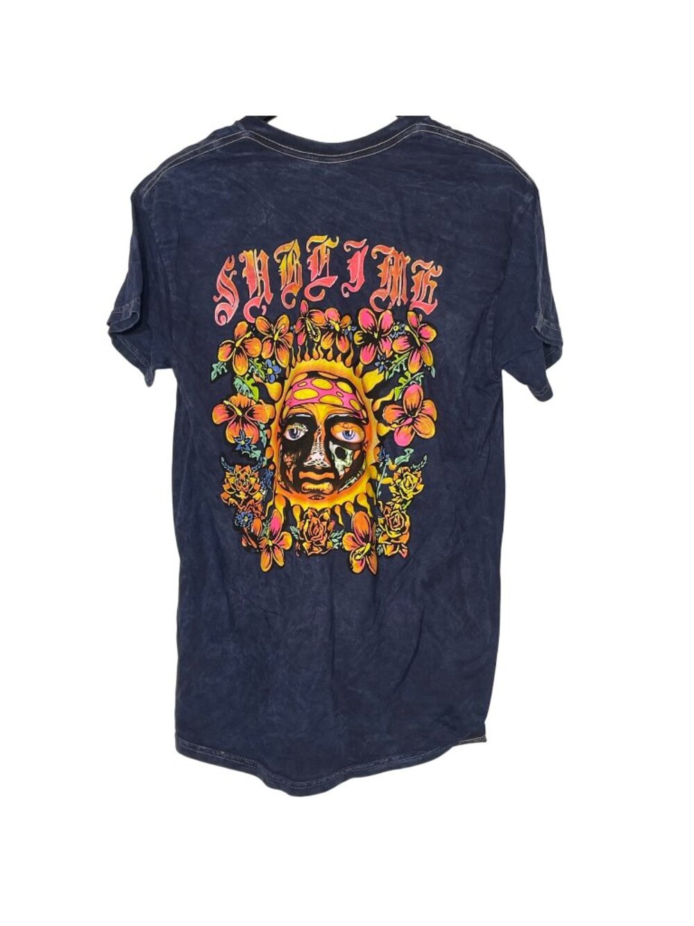 Sublime Sun Face Flowers Graphic T-Shirt Dark Blue Sz MED Cotton Distressed
